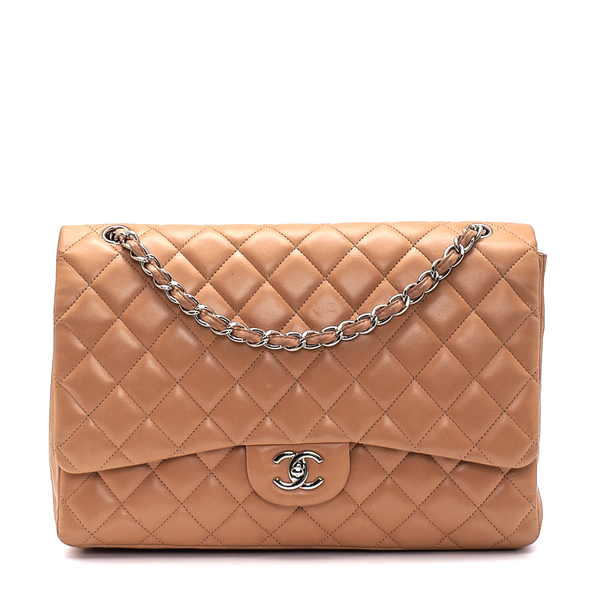 Chanel - Beige Quilted Lambskin Leather Maxi Jumbo Single Flap Bag